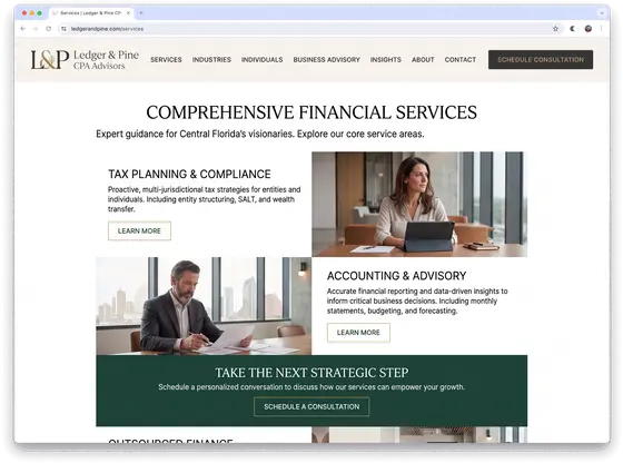Ledger & Pine CPA Advisors — website design by Orlando Website Design