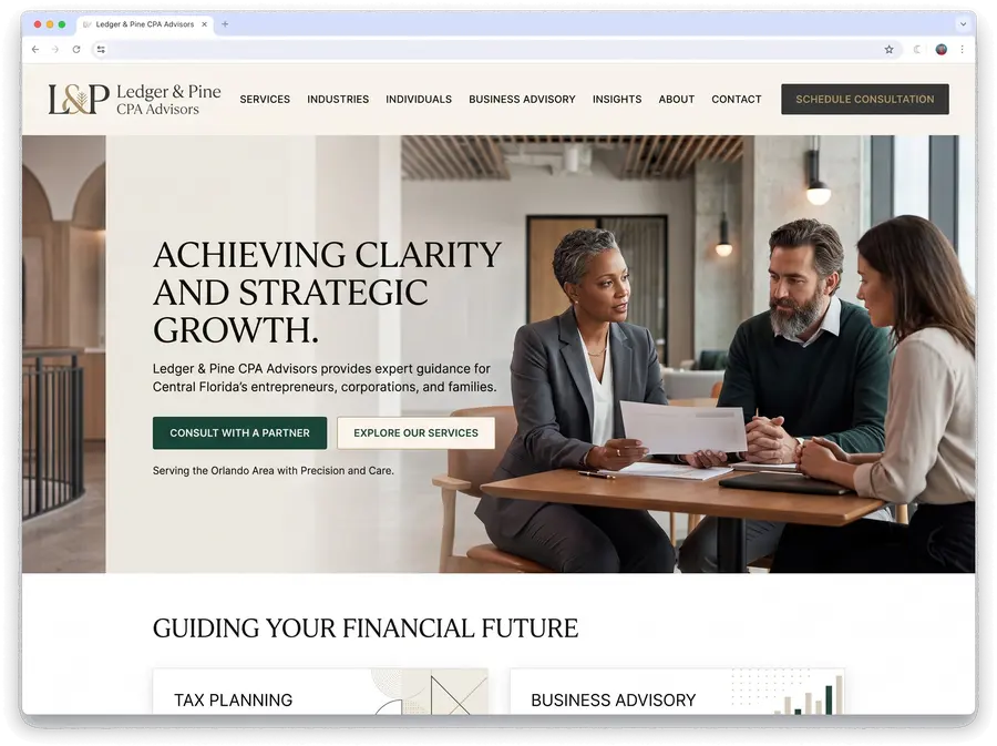 Ledger & Pine CPA Advisors — website design by Orlando Website Design